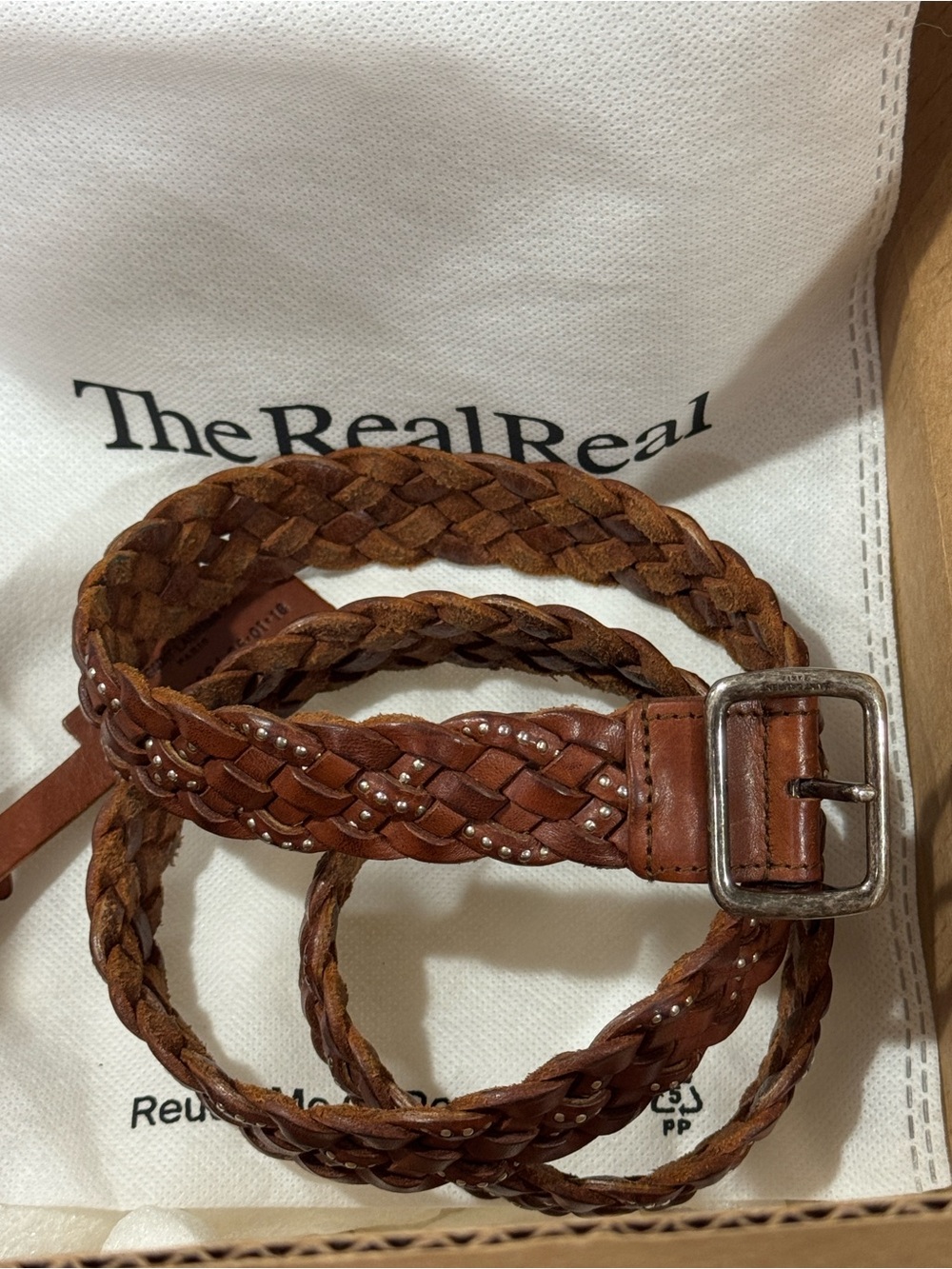 Saint Laurent Braided Leather Studded Brown Belt with Silver Buckle
